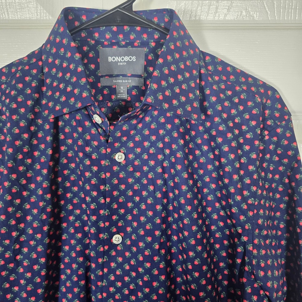 Bonobos Tailored Slim Fit Stretch Shirt Men's 16/34 Navy & Red Rose Floral NWOTs